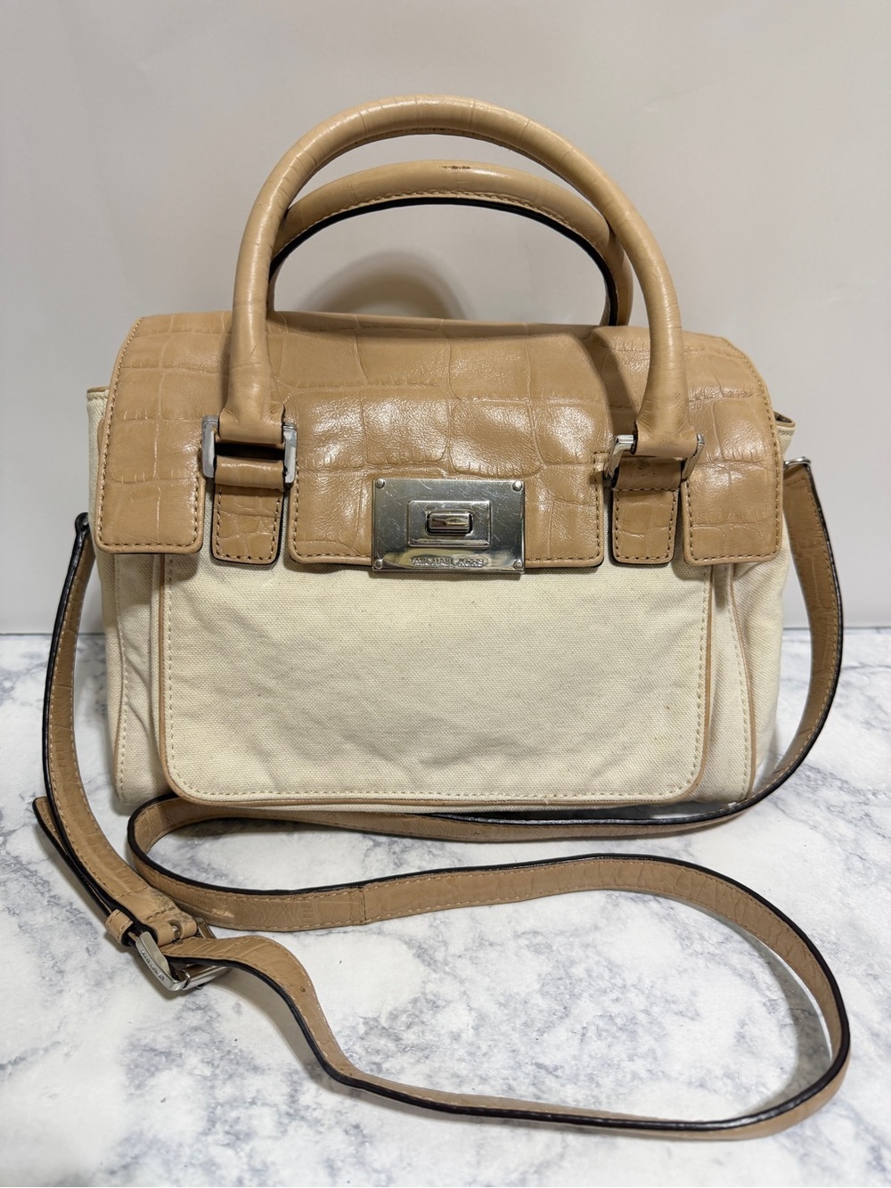Michael Kors cream canvas tan croc leather turn lock flap crossbody tote bag